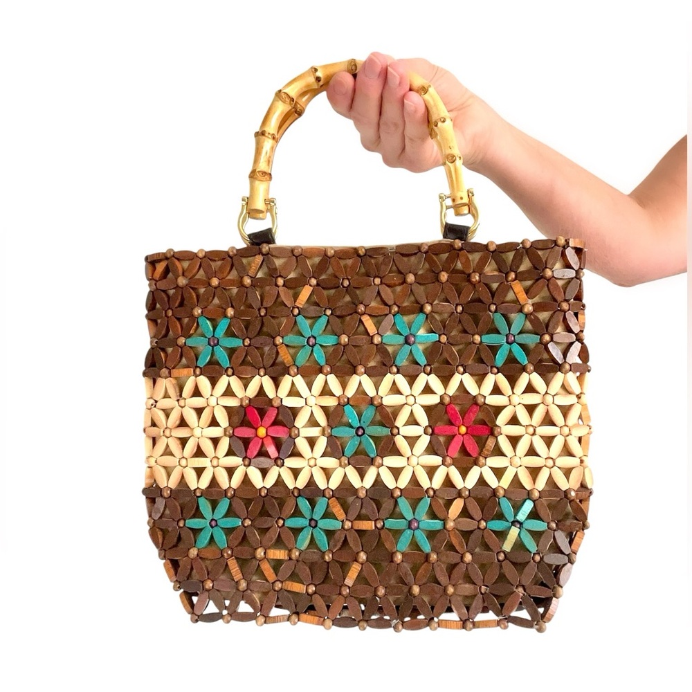 Vtg Bamboo Handle Wooden Beaded Floral Design Clutch Handbag Magnetic Closure